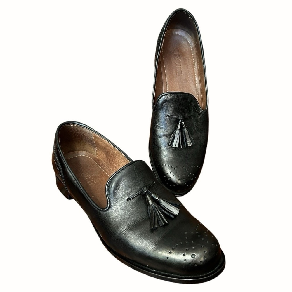 GIROTTI Black Leather Loafers US 8-8.5 /EU 41 Brogue Dress Shoes Tassels Italy